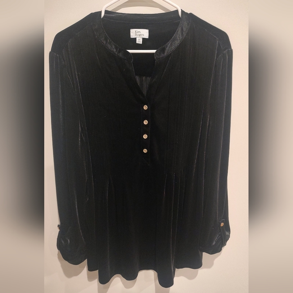 Kim Rogers Black Velvet Button Roll Sleeve Holiday Relax Laggin Top